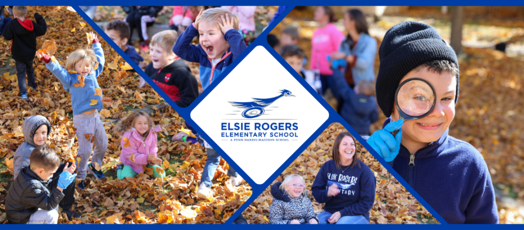 Collage of children playing in a park on a sunny day, with a banner featuring a bird and the name 'Elise Rogers'.